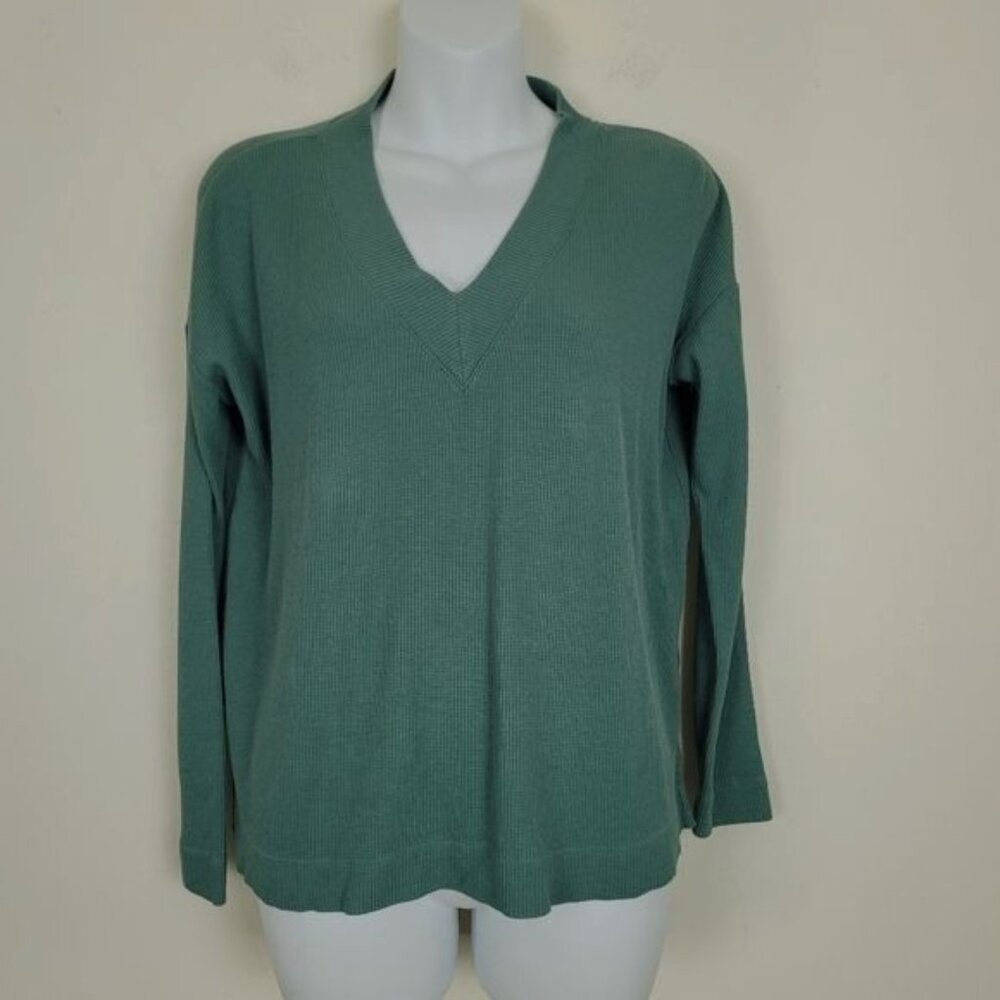 J. Jill Top Women's  Waffle Knit Long Sleeve V-Neck Green Solid Cozy Casual P XS